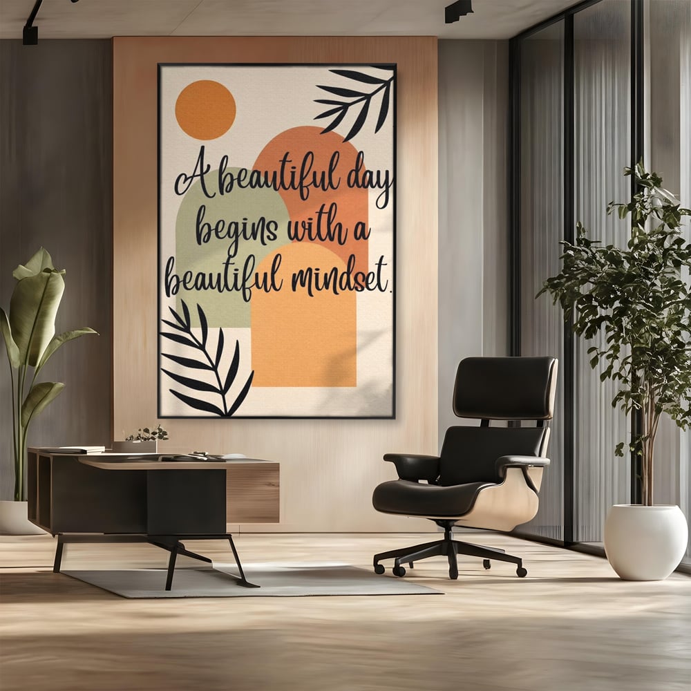 Tablou canvas cu tablou canvas cu mesaj motivational abstract, in rama de aluminiu negru, pe perete intr-un birou